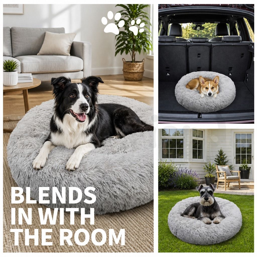 Pet Dog Bed Bedding Warm Plush Round Comfortable Dog Nest Light Grey Large 90cm Large